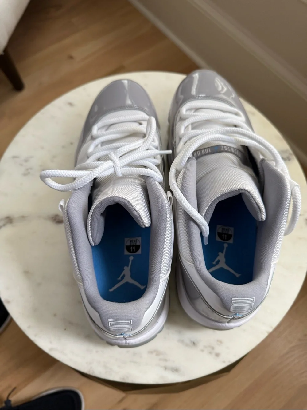 Jordan Men’s Low Top Athletic Shoes in White and Gray Patent
